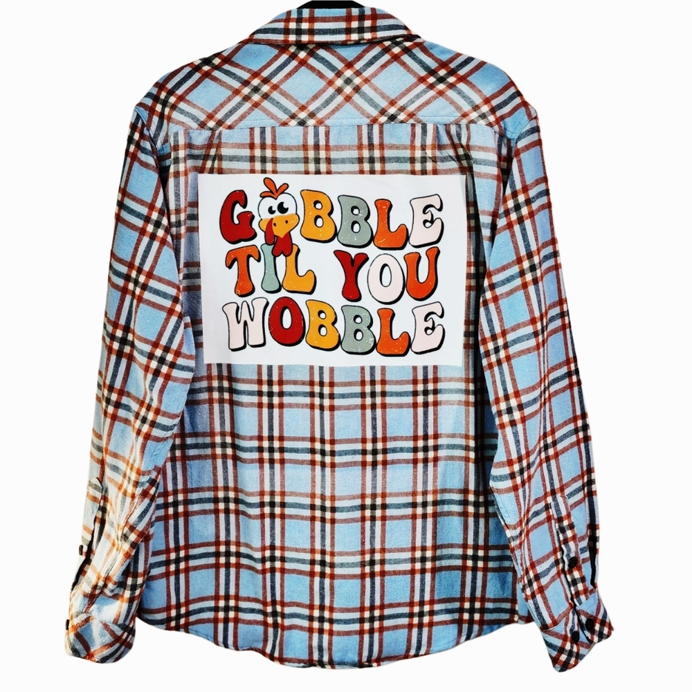 Gobble Til You Wobble Blue & Orange Custom Plaid Flannel Shirt, L